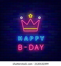 Happy Birthday neon sign. Bday party with pink crown. Royal style. Shiny greeting card for princess. Laser signboard. Holiday design on brick wall. Light phrase. Vector stock illustration