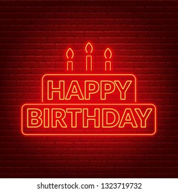 Happy birthday neon sign. Birthday card in the shape of a cake with candles on a dark background.