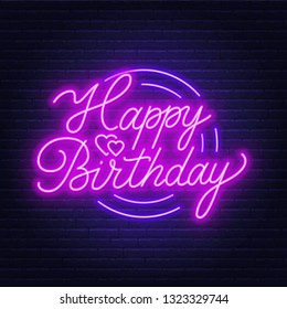 Happy birthday neon sign. Greeting card on dark background.