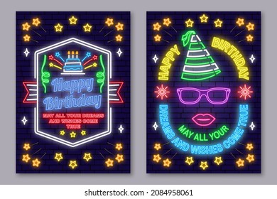 Happy Birthday neon sign. May all your dreams and wishes come true. Card, flyers, poster with eyeglasses, lips and birthday hat. Vector. Neon design for birthday celebration emblem. Night neon