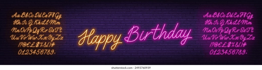 Happy Birthday Neon Sign on brick wall background. Template for text with pink and yellow neon alphabet.