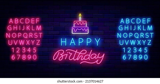 Happy Birthday neon sign with tiered cake. Glowing emblem with lettering. Blue and pink alphabet. Light effect banner. Party design on brick wall. Editable stroke. Vector stock illustration