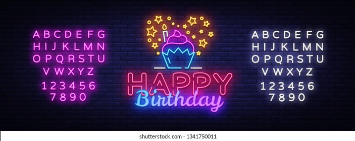 Happy Birthday neon sign vector design template. Happy Birthday neon logo, light banner design element colorful modern design trend, night bright advertising. Vector. Editing text neon sign