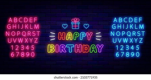 Happy Birthday neon signboard. Child colorful text with gift box. Shiny blue and pink alphabet. Light effect banner. Holiday design on brick wall. Editable stroke. Vector stock illustration