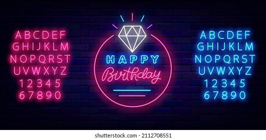 Happy Birthday neon signboard with diamond. Blue and pink alphabet. Shiny greeting card with calligraphy text. Light effect banner. Celebration design on brick wall. Vector stock illustration