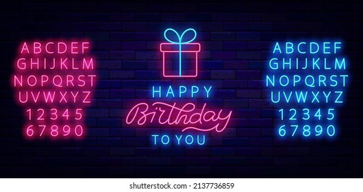 Happy Birthday neon signboard with gift box. Shiny present with bow. Glowing badge with lettering. Blue and pink alphabet. Light effect banner. Celebration design on brick wall. Vector illustration