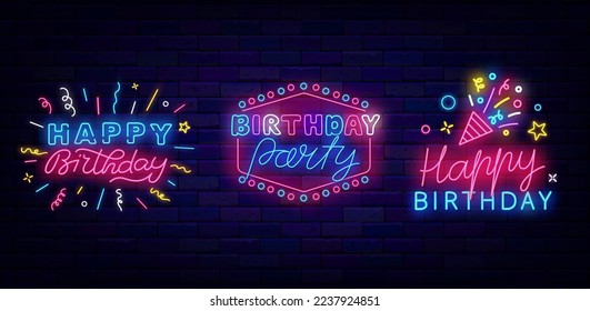 Happy Birthday neon signs collection. B-Day party celebration. Confetti and vintage frame. Holiday event with firework. Invitation design set on brick wall. Luminous labels pack. Vector illustration