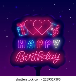 Happy Birthday neon street billboard. Bright outdoor advertising. Shiny invitation. Heart, present and music. Luminous banner. Greeting card. Vector stock illustration