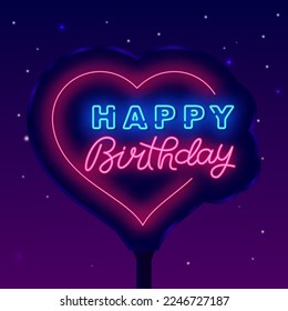 Happy Birthday neon street billboard. Pink heart frame. Light advertising. Luminous label. Shiny greeting card. Glowing banner. Vector stock illustration