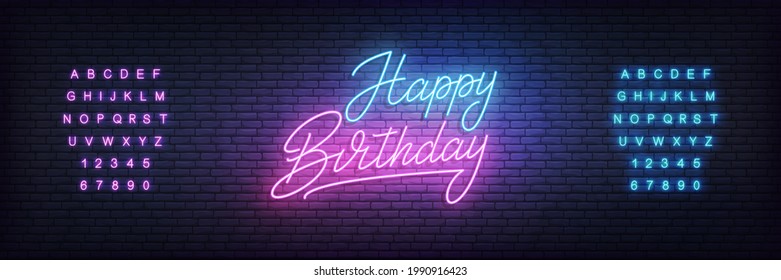 Happy Birthday neon template. Glowing neon lettering Birthday sign