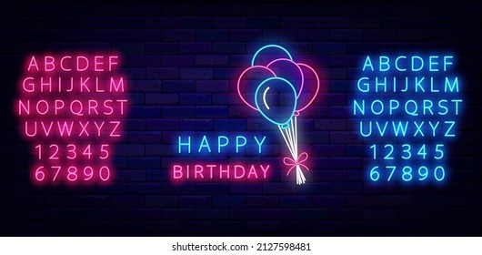 Happy Birthday neon text with bunch of balloons. Shiny sign with text. Glowing blue and pink alphabet. Light effect banner. Holiday design on brick wall. Editable stroke. Vector stock illustration