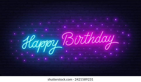 Happy Birthday neon text on brick wall background