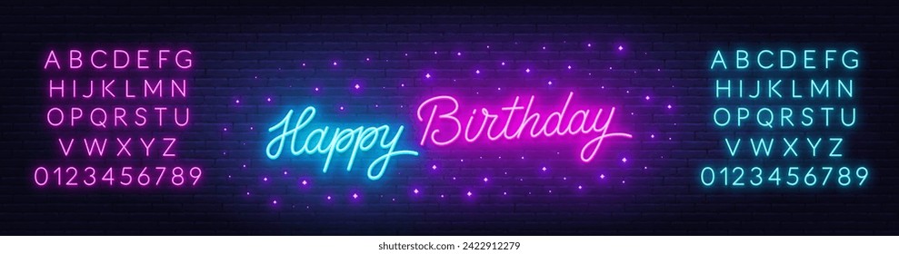 Happy Birthday neon text on brick wall background