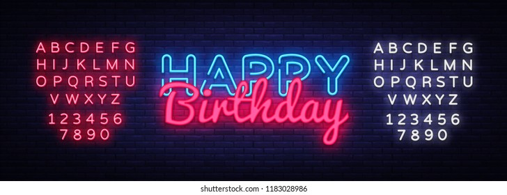 Happy Birthday Neon Text Vector. Happy Birthday neon sign, design template, modern trend design, night neon signboard, night bright advertising, light banner. Vector. Editing text neon sign