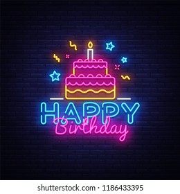 Happy Birthday Neon Text Vector. Happy Birthday neon sign, design template, modern trend design, night neon signboard, night bright advertising, light banner, light art. Vector illustration