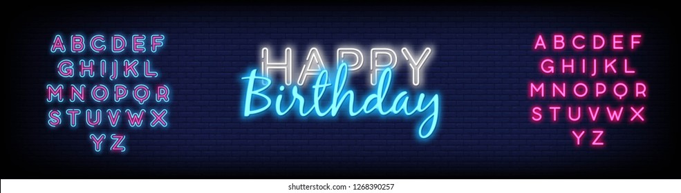 Happy Birthday Neon Text Vector. modern trend design  night neon signboard  night bright advertising  light banner  light art. Vector illustration. Editing Text Neon Vector