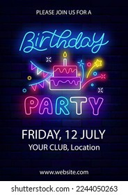Happy Birthday neon vertical poster. Luminous greeting card. Cake with candle, garland and firework. Light advertising. Shiny label. Bright signboard. Glowing banner. Vector stock illustration
