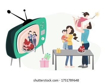 Happy birthday. New year family. Group of father mother and kids having fun with firework cake. Online party.Vector Illustration. Distance celebration. Stay home at home. Social distancing.