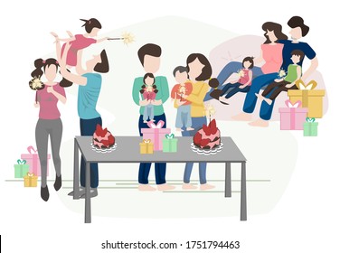 Happy birthday. New year family. Group of father mother and kids having fun with firework cake. Cartoon party poster.Vector Illustration. Distance celebration. Stay home at home. Social distancing.