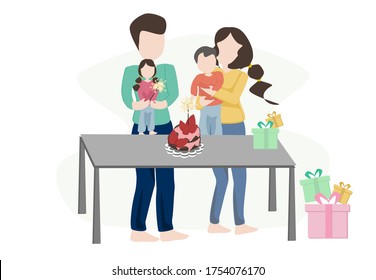 Happy birthday. New year family. Group of father mother and kids having fun with firework cake. Cartoon party poster.Vector Illustration. Distance celebration. Stay home at home. Social distancing.
