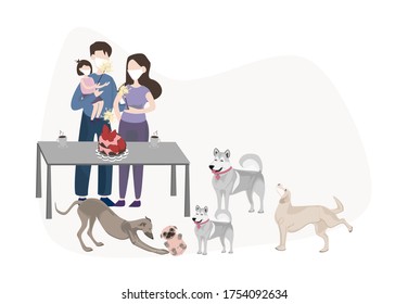 Happy birthday. New year family. Group of father and dogs having fun with firework cake. Cartoon party. vector illustration. Keep Distance and Stay home at home celebration. Social distancing.