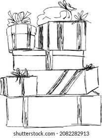 Happy birthday, new year, merry christmas or wedding  gifts. Gift boxes. Гора подарков. Boxes are hand drawn by  black lines on a white background.