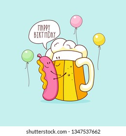 Happy birthday. Nice funny greeting card. A beer and a sausage and mustard. Vector illustration.