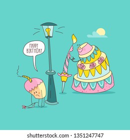 Happy birthday. Nice funny greeting card. A festive candle and a beautiful birthday cake go on a date. Near the street lamp is a small offended cupcake with a withered flower. Vector illustration.