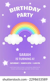 Happy Birthday Night Sky 3D Vector Illustration Colorful Rainbow and Stars on Purple Background with Clouds for Kids Birthday Party Invitation Template