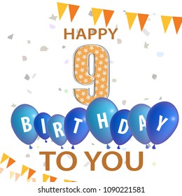 Happy Birthday, number 9,  vector birthday card, party invitation, banner