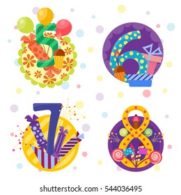 Happy birthday numbers vector set anniversary numbered icons birthday party invitation card numeral alphabet 5 6 7 8 year numbering template figure isolated badges illustration. 