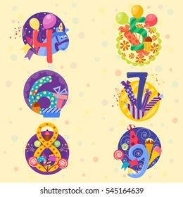 Happy birthday numbers vector set anniversary numbered icons birthday party invitation card numeral alphabet 4 5 6 7 8 9 year numbering template figure isolated badges illustration. 