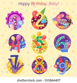 Happy birthday numbers vector set anniversary numbered icons birthday party invitation card numeral alphabet 1st 2nd 3 4 5 6 7 8 9 year numbering template figure isolated badges illustration. 