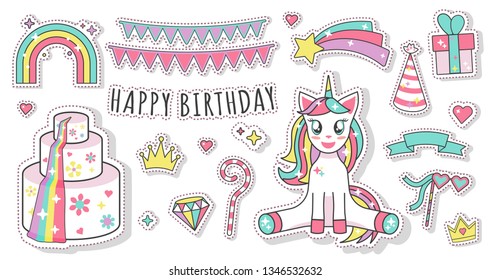 	
 Happy birthday objects set vector collection with unicorn for greeting card and party invitation templates, vector illustration, posters hand drawn style scrapbook element