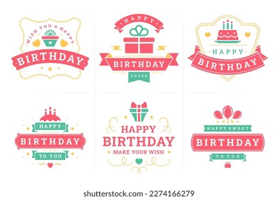 Happy birthday old fashioned label and badge set for greeting card congratulations design vector flat illustration. Birth anniversary festive vintage emblem pink ribbon cake gift box air balloons