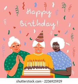 Happy birthday! Old Women with Birthday Cake and Celebrating. Confetti flying in the air.  Friends on the Party.  Greeting card. Vector illustration