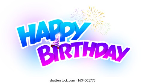 Happy birthday on a greeting card with a white background and colorful hats and fireworks.