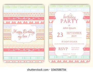 Happy birthday on lined pattern background in colorful theme.
