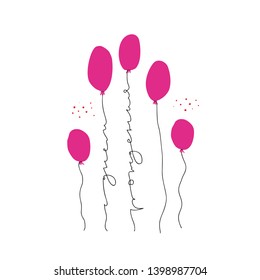 Happy Birthday one line lettering in Russian. Greeting quote on pink balloons thread isolated clipart. Anniversary postcard vector hand drawn design element. Cyrillic freehand calligraphy