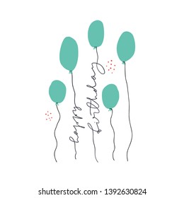 Happy Birthday one line phrase on balloon thread. Greeting freehand calligraphy phrase. Anniversary postcard vector hand drawn design element. Turquoise party decoration isolated clipart