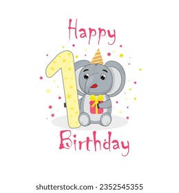 happy birthday one party yellow pink gift elephant illustration eps10