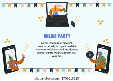 Happy birthday. Online celebration color banner vector template. Online party. Online festival. Holidays in the period of self-isolation. Bright vector flat holiday background for text.