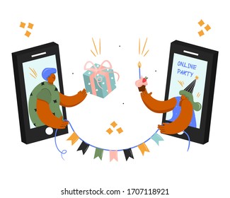 Happy birthday. Online celebration. Online party. Online festival. Holidays in the period of self-isolation. Bright vector flat holiday concept.