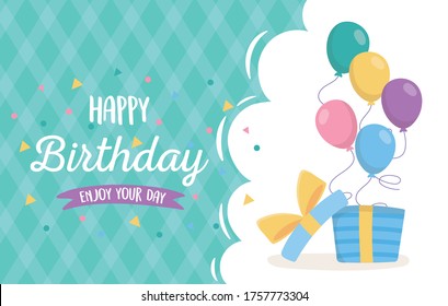 happy birthday, open gift box with balloons celebration vector illustration
