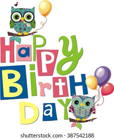 happy birthday with owls card design. vector illustration