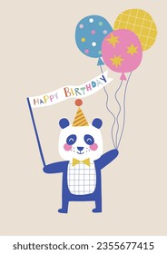  Happy Birthday panda animal paper shape cutouts style vector illustration. Scandinavian childish wild party pre-made print design.