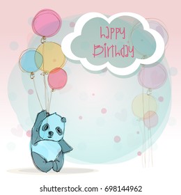 Happy birthday panda card. Beautiful greeting for bday, or baby shower. Hand drawn vector