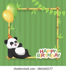 Happy birthday with panda character and square bamboo frame