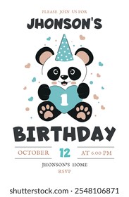 Diseño de tarjeta de invitación de feliz cumpleaños Panda. Cartel de felicitación de los niños de la Ilustración vectorial linda. Plantilla de fiesta de cumpleaños para historias, redes sociales, celebración, niños. СConcepto con Panda, Heart y Cap.