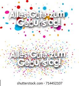 Happy birthday paper banners with color drops, German. Vector illustration.